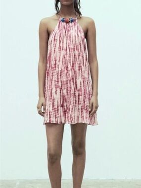 Zara Pink Tie-Dye beaded neck Dress size medium nwt